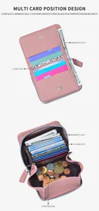Women's Pink Leather Accordion Card Holder Multi Slot Zipper Wallet with Coin Pocket