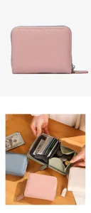 Womens leather accordion card holder wallet with multiple card slots and zipper coin pocket.