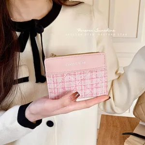 Portefeuille Court Élégant en Cuir PU Patchwork de Tweed Avec Fermeture Éclair Fentes pour Cartes Porte-monnaie pour Femmes Étudiants