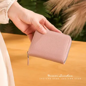 Women leather zipper coin purse minimalist card holder pink wallet cute daily use accessory