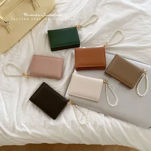 Damen Litschimuster PU Leder Geldbörse Minimalistische Kartenhalter Geldtasche Mit Eleganter Perlen Handschlaufe