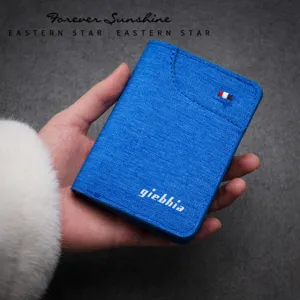 Portafoglio corto verticale da uomo in tela blu porta carte minimalista casual elegante quotidiano