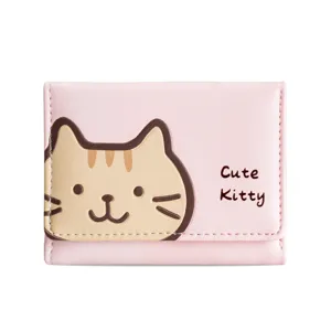 Portefeuille court à trois volets en cuir PU rose avec joli motif de chat pour femmes.