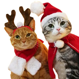 Vue détaillée d'adorables costumes de Noël pour animaux avec bois de renne et bonnet.