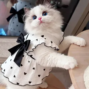 Cute Bowknot Heart Print Cat Dress Spring Summer Thin Princess Pet Skirt with Traction Ring for Small Dogs Cats Apparel