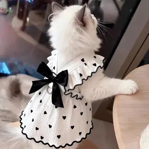 Cute cat dress for spring and summer, breathable thin fabric with stylish bow and heart print.