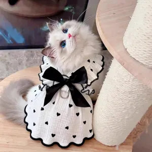 Cute cat dress spring summer thin pet clothes with black bow and heart print for kittens.