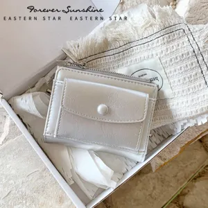 Silver crinkle leather short wallet two fold zipper card slots compact women purse main