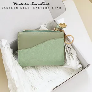 Damen Mini Bifold Geldbörse INS Stil PU Leder Kartenhalter Mit Goldbohnen Anhänger Schlüsselanhänger Einfarbige Kleine Brieftasche