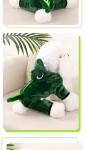 Detailed view of cute green dinosaur pet winter fleece four-legged clothing for warm dog cat.