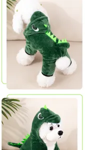 Pet dinosaur costume detail view, green plush four-leg pet apparel with cute hood and spikes.
