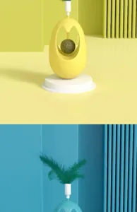Interactive cat toy tumbler with mint ball and feather, perfect for pet entertainment details.