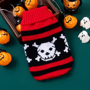 Halloween pet knitted sweater with red and black stripes and skull pattern for dogs and cats.
