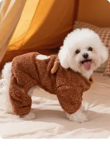 Brown plush pet fleece jumpsuit detail shot, soft warm winter dog clothes for small pets.