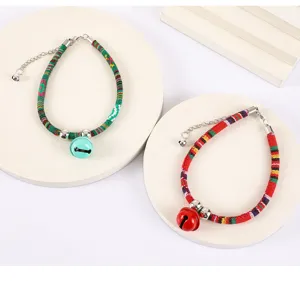 Ethnic style woven pet collar with bell and adjustable chain, perfect detail view for cats and dogs.