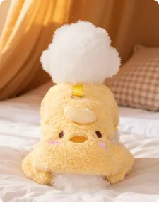 Cute yellow plush pet winter hoodie with adorable duck face design and warm fluffy hood for dogs.