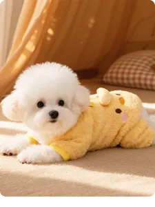 Cozy fleece dog clothes detail view, cute yellow chick design, soft winter warm pet apparel detail.