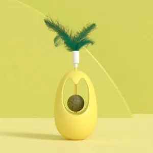 Tumbler cat toy with feather teaser and mint ball, interactive pet boredom relief product.