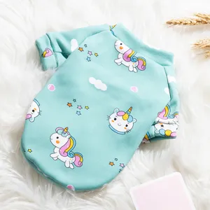 Cute mint green pet hoodie with unicorn pattern, warm fleece dog cat clothes for winter.