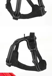 Vue détaillée du harnais pour chien anti-traction en tissu Oxford noir avec filet et bandes.