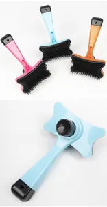 Pet hair removal brush detail view, self-cleaning slicker brush for cats and dogs grooming.