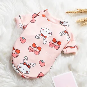 Cute pink pet hoodie with bunny and cherry print, soft milk velvet warm puppy clothes.