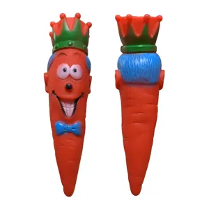 Cute TPR carrot dog squeak toy with crown and blue bow tie for interactive pet play and bite.
