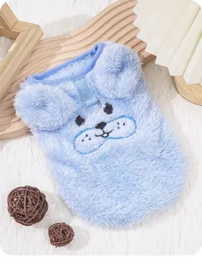 Detailed view of the blue plush pet vest with cute cartoon dog embroidery and warm fleece.