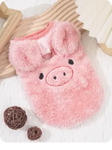 Cute pink fluffy pet fleece vest with pig ears design, warm winter dog cat apparel.