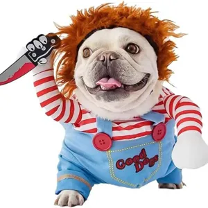 Funny Halloween Pet Dog Costume Killer Doll Cosplay Clothes Polyester Puppy Cat Party Apparel With Wig And Foam Knife