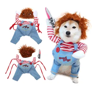 Funny Halloween pet costume for small dogs and cats, killer doll transforming outfit with wig.