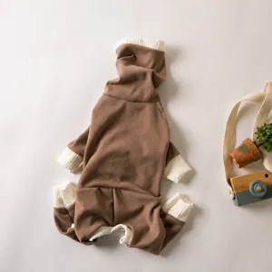 Brown thermal dog jumpsuit with white ribbed turtleneck for greyhounds whippets winter.