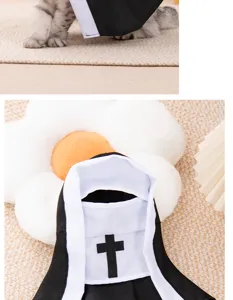 Detailed shot of pet nun costume with cross for Halloween, comfortable and cute pet clothes.