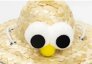 Detailed view of cute pet straw hat with fluffy googly eyes and yellow nose for cats and dogs.