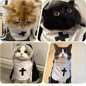 Halloween nun pet costume for cats and dogs, funny cosplay cape with cross prop apparel.