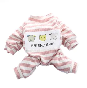 Pink white striped pet jumpsuit with cute cartoon animals, comfortable cat dog clothing.