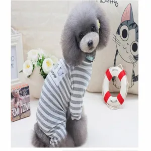 Comfortable grey and white striped pet pajamas for small dogs and puppies, soft home wear.