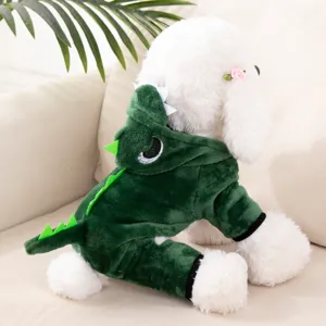 Cute green dinosaur pet hoodie winter warm four-legged dog clothes soft fleece apparel