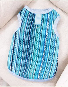 Detailed view of the blue striped breathable mesh pet vest with a metal D-ring for easy walking.