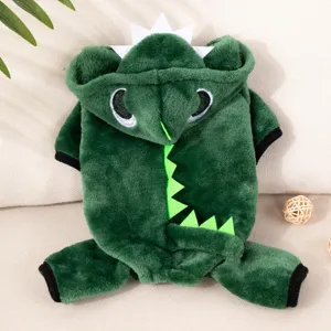 Cute green dinosaur pet winter warm four-legged hoodie costume for small dogs and cats