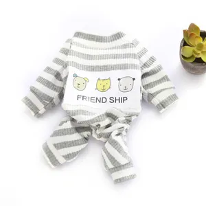Grey and white striped pet dog cat clothes warm four-leg pajamas with cute cartoon print.