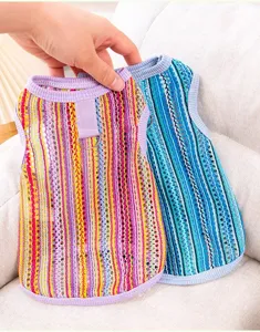 Close-up detail of summer breathable striped pet vest, lightweight hollow mesh for small dogs.