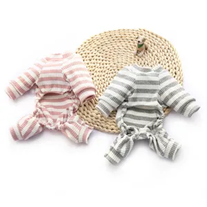 Cute striped pet jumpsuit for small dogs and cats, soft ribbed autumn winter warm clothes.