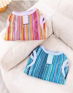 Summer breathable ethnic dog vest, hollow striped pet clothes with leash ring for small cats.