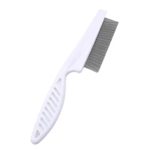 Stainless steel pet flea comb with anti-slip white plastic handle for daily grooming.