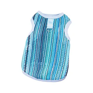 Summer breathable blue striped pet dog vest with D-ring leash for small cats and dogs main