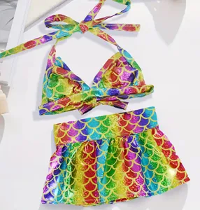 Rainbow mermaid scale pet bikini set with halter top and pleated skirt for cute cats dogs.