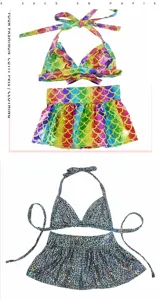 Summer pet bikini swimsuit set, cute cat and dog apparel with shiny mermaid scale design.