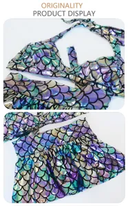 Detail view of colorful holographic mermaid scale pet bikini set for cats and dogs summer wear.
