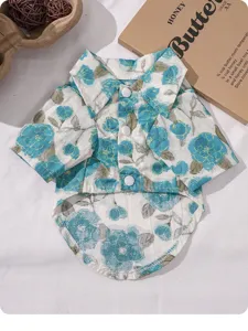 Cute dog floral shirt summer pet clothes puppy resort style short sleeve apparel blue top